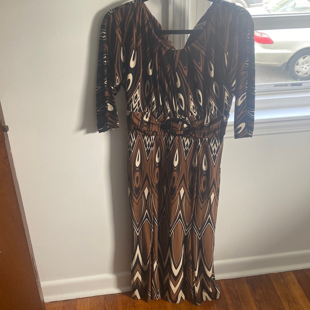 long black, brown, and tan patterned dress